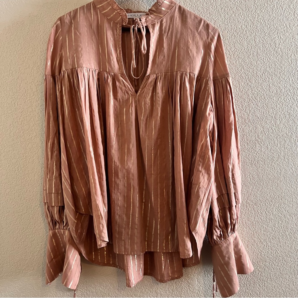 Shona Joy Boho Balloon Sleeve Gold Metallic Blouse Size 8 - Picture 3 of 11